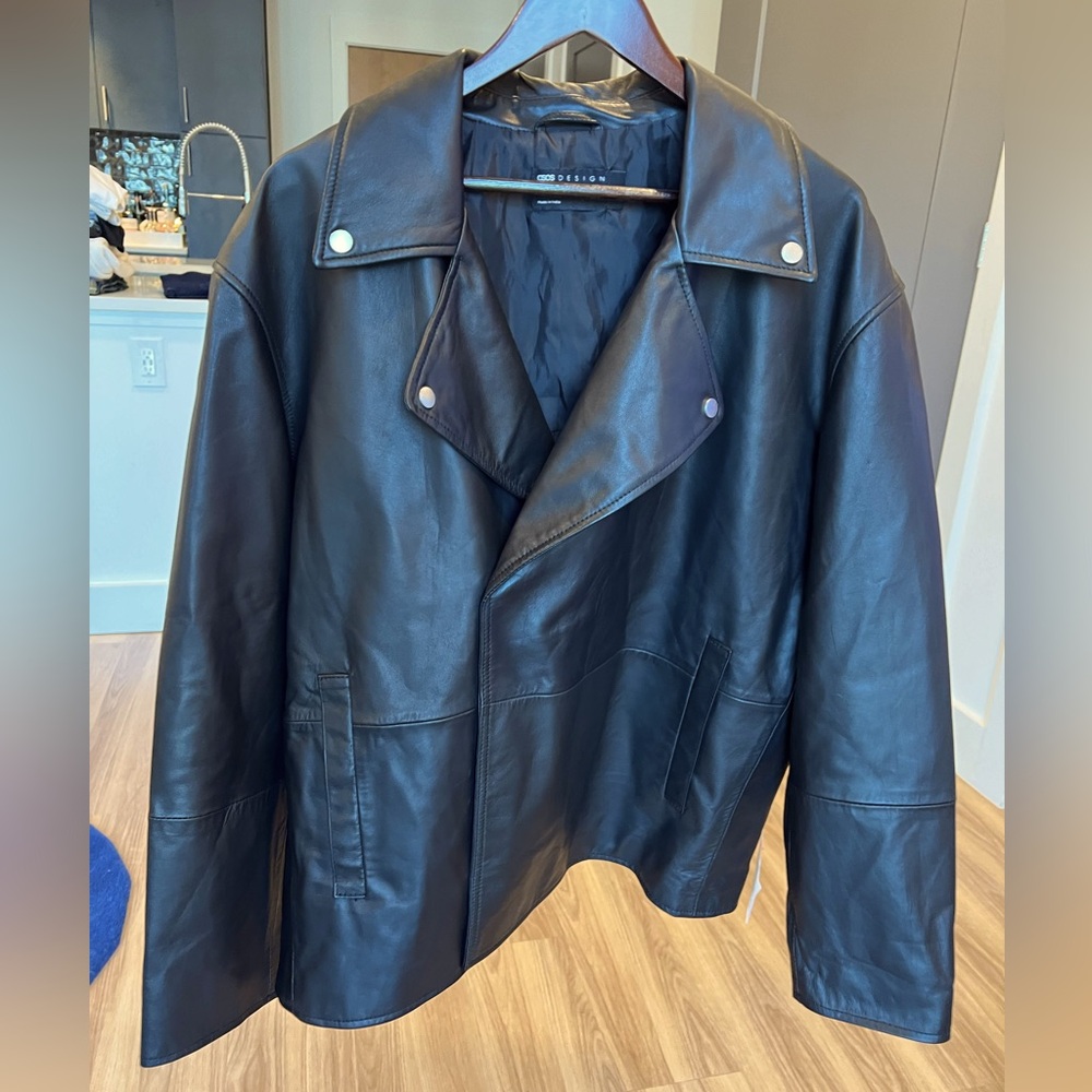 ASOS DESIGN oversized real leather biker jacket in black